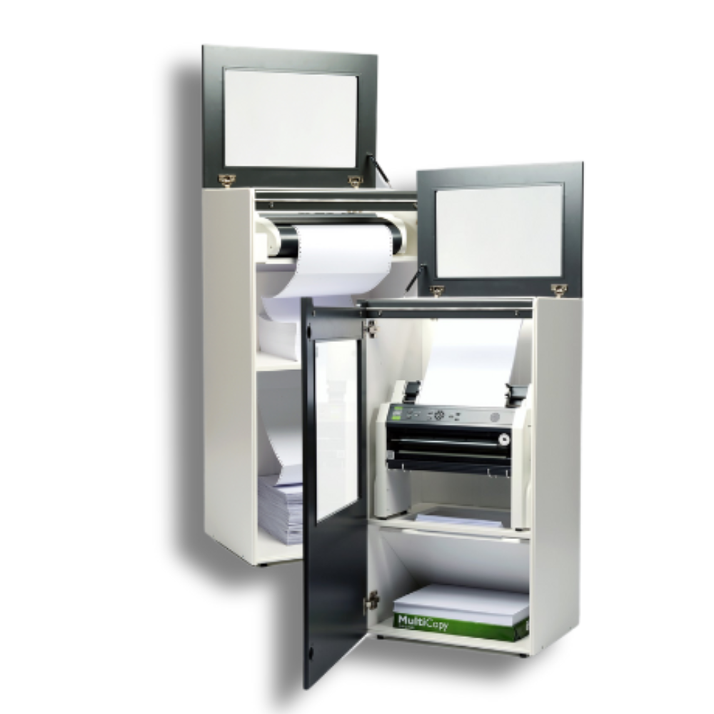 Abafador de ruídos para impressoras Braille Index, feito em MDF, vidro temperado e alumínio, ideal para reduzir o som da impressão em escritórios e salas de aula.